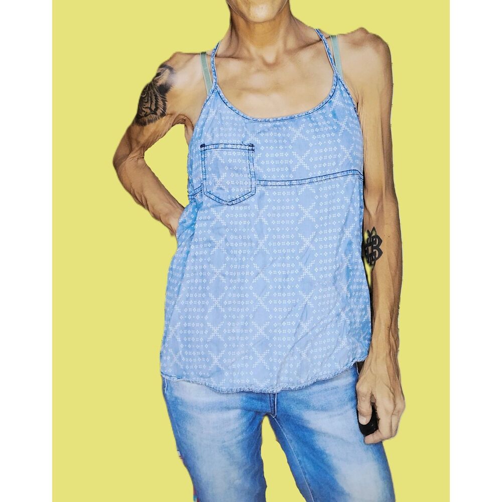 Light Blue Denim Americana | Hi-Lo Racerback Tank Top | Medium